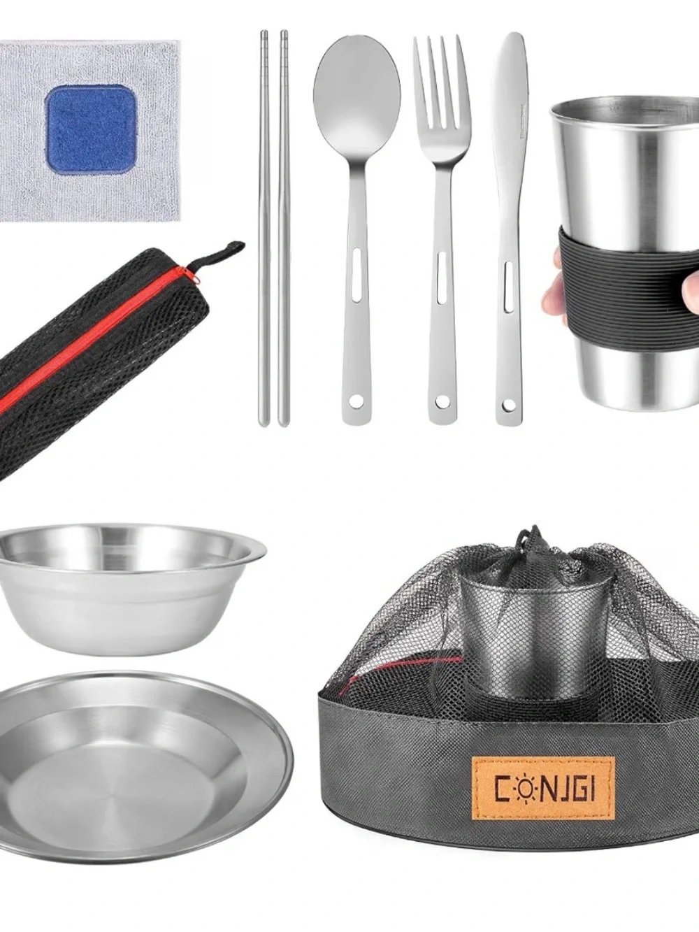 Conjgi camping dinner set - Mesh Drawstring Travel Bag